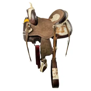 14", 15", 16"  DOUBLE T DARK OIL HARD SEAT BARREL STYLE SADDLE WITH HAIR ON COWHIDE ACCENTS