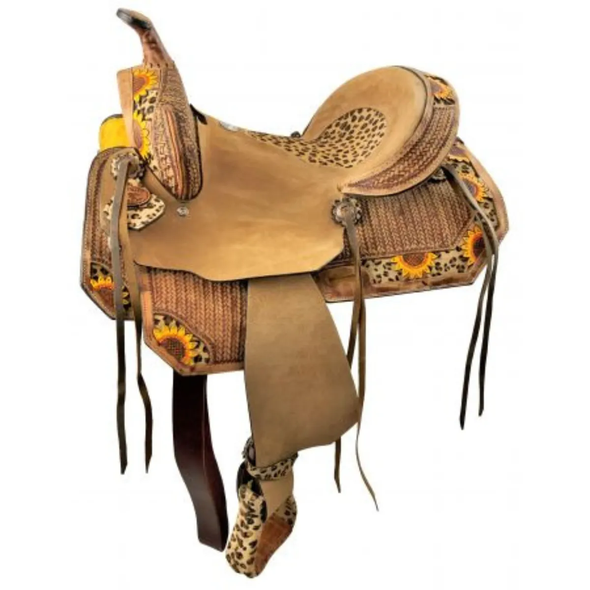 14", 15", 16"  DOUBLE T HARD SEAT BARREL STYLE SADDLE WITH CHEETAH SEAT AND SUNFLOWER PAINTED ACCENTS