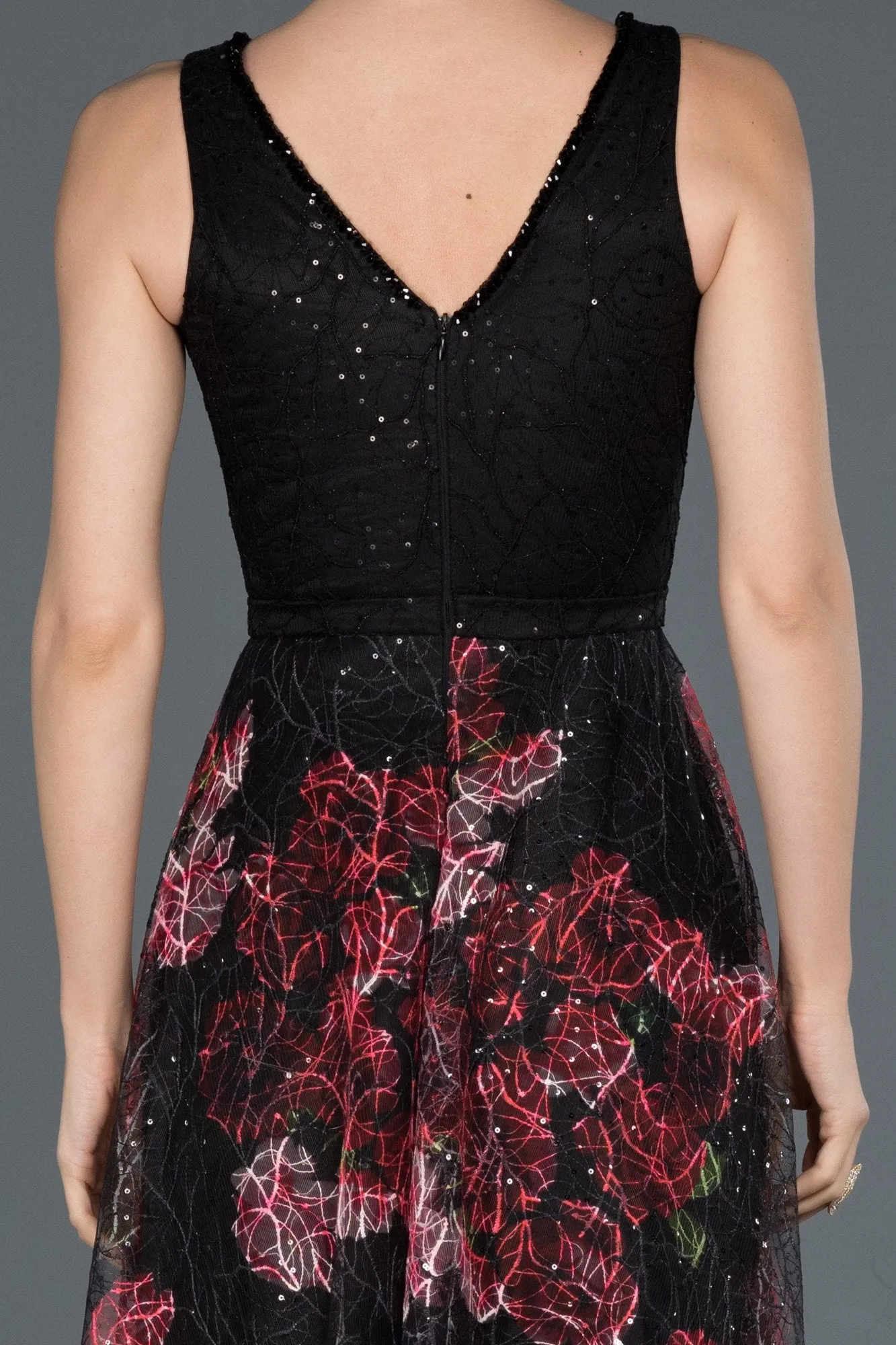 16618 Black-Red Floral Patterned Tulle Dress