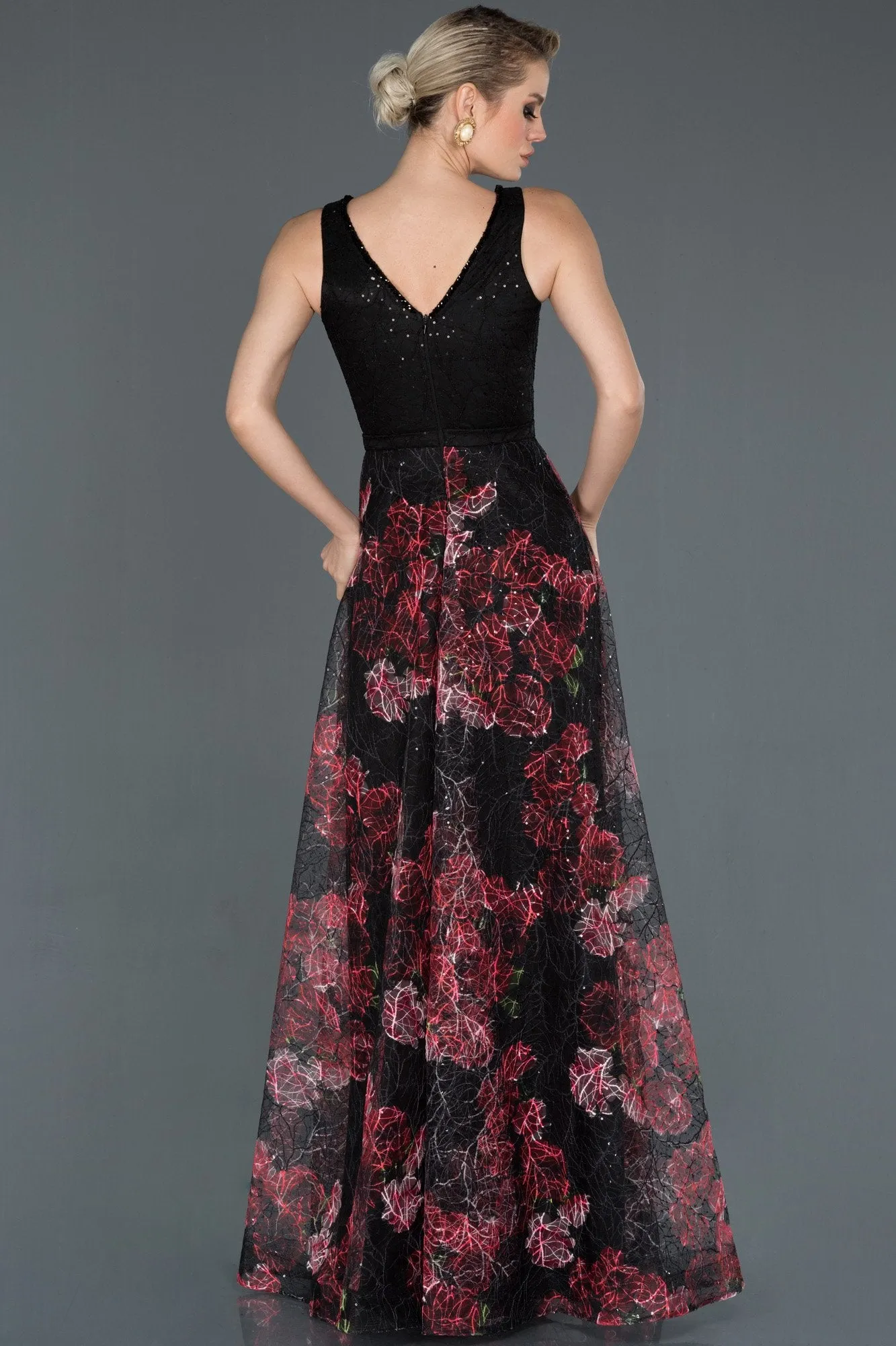 16618 Black-Red Floral Patterned Tulle Dress