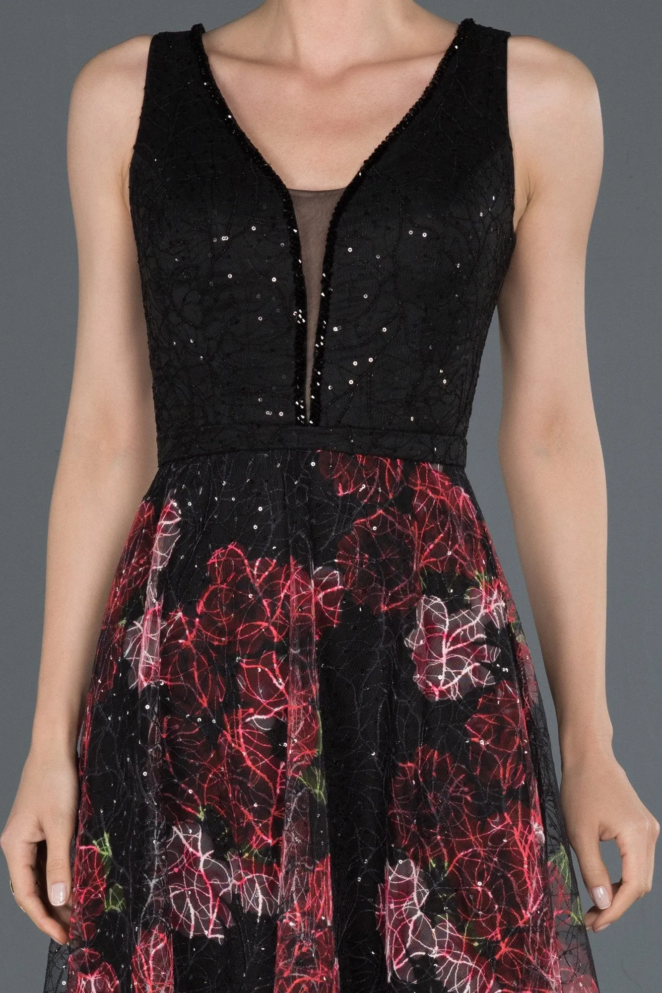 16618 Black-Red Floral Patterned Tulle Dress