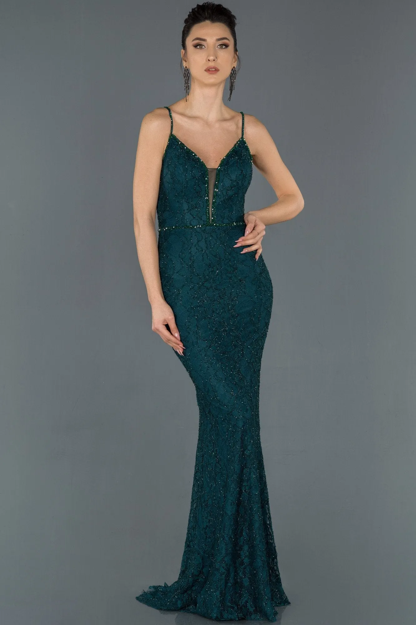 16674 Emerald Green Sequined Lace Mermaid Dress