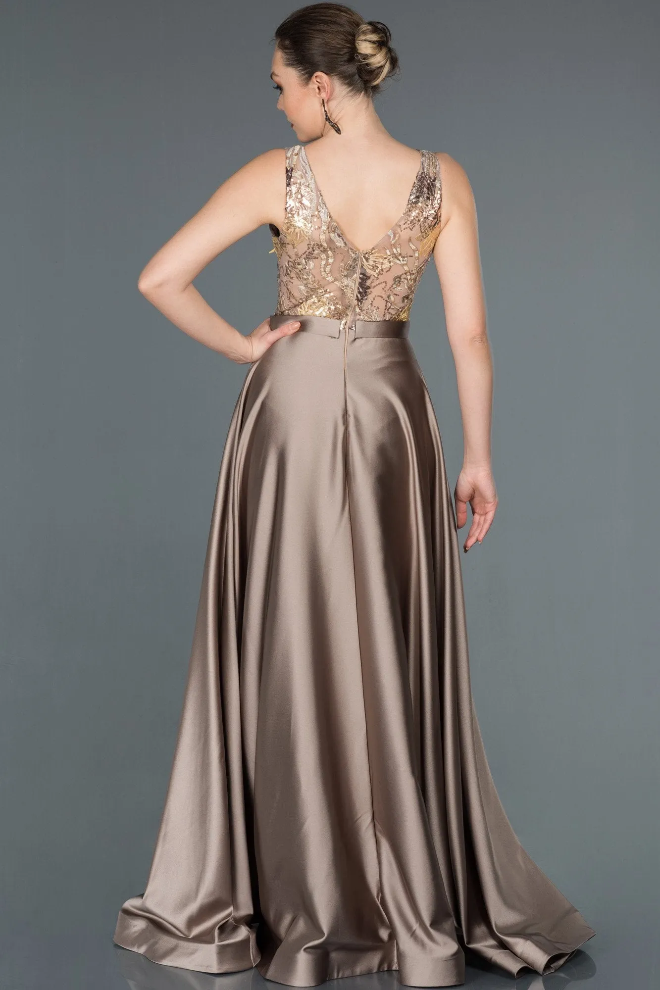 16679 Gold-Mink Embroidered Top Satin Dress