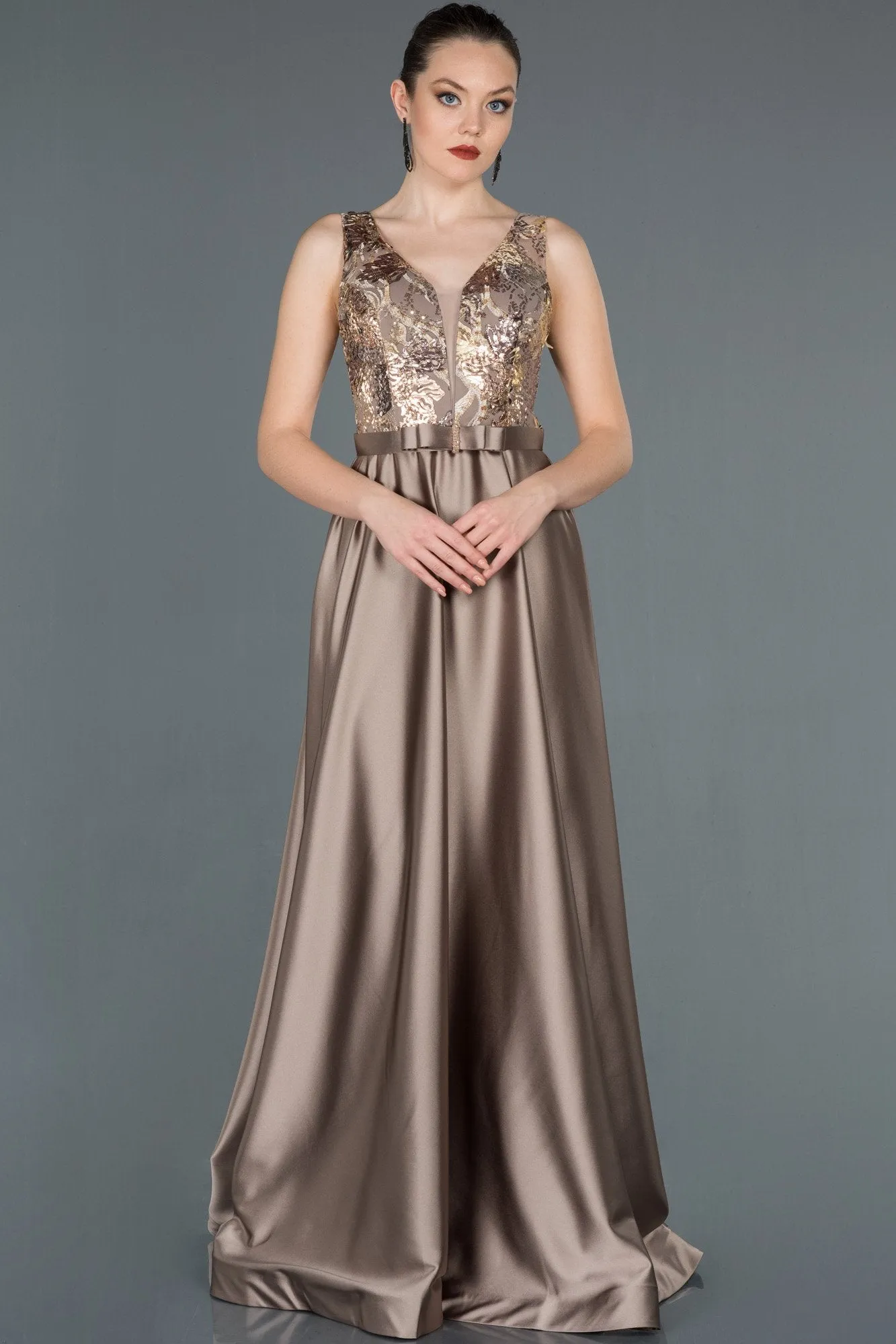 16679 Gold-Mink Embroidered Top Satin Dress