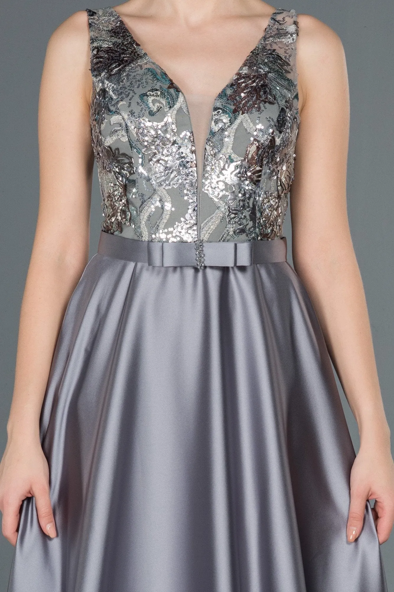 16680 Grey Embroidered Top Satin Dress