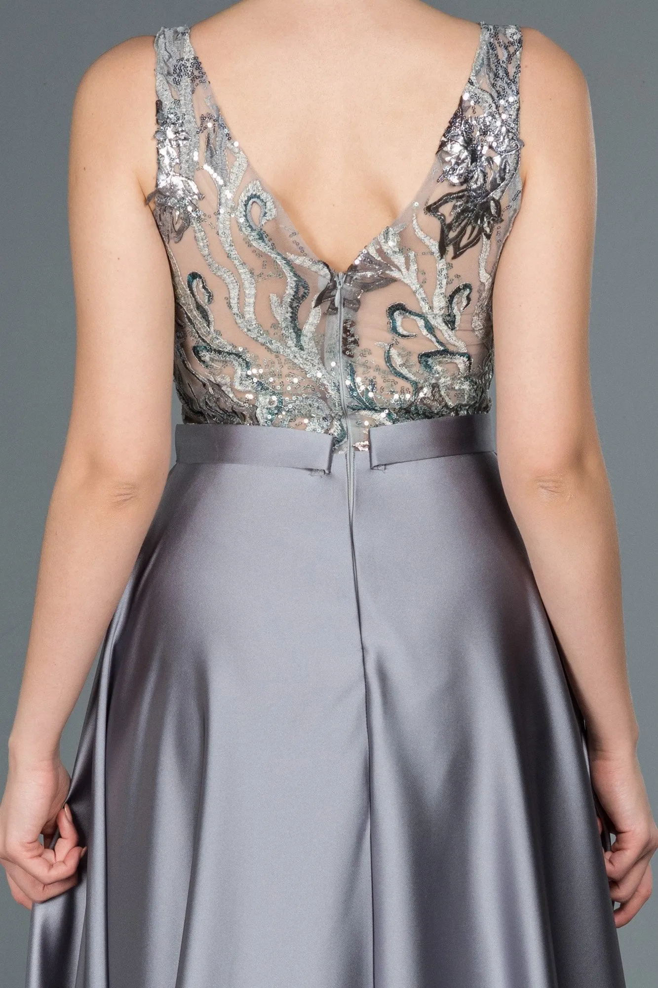 16680 Grey Embroidered Top Satin Dress