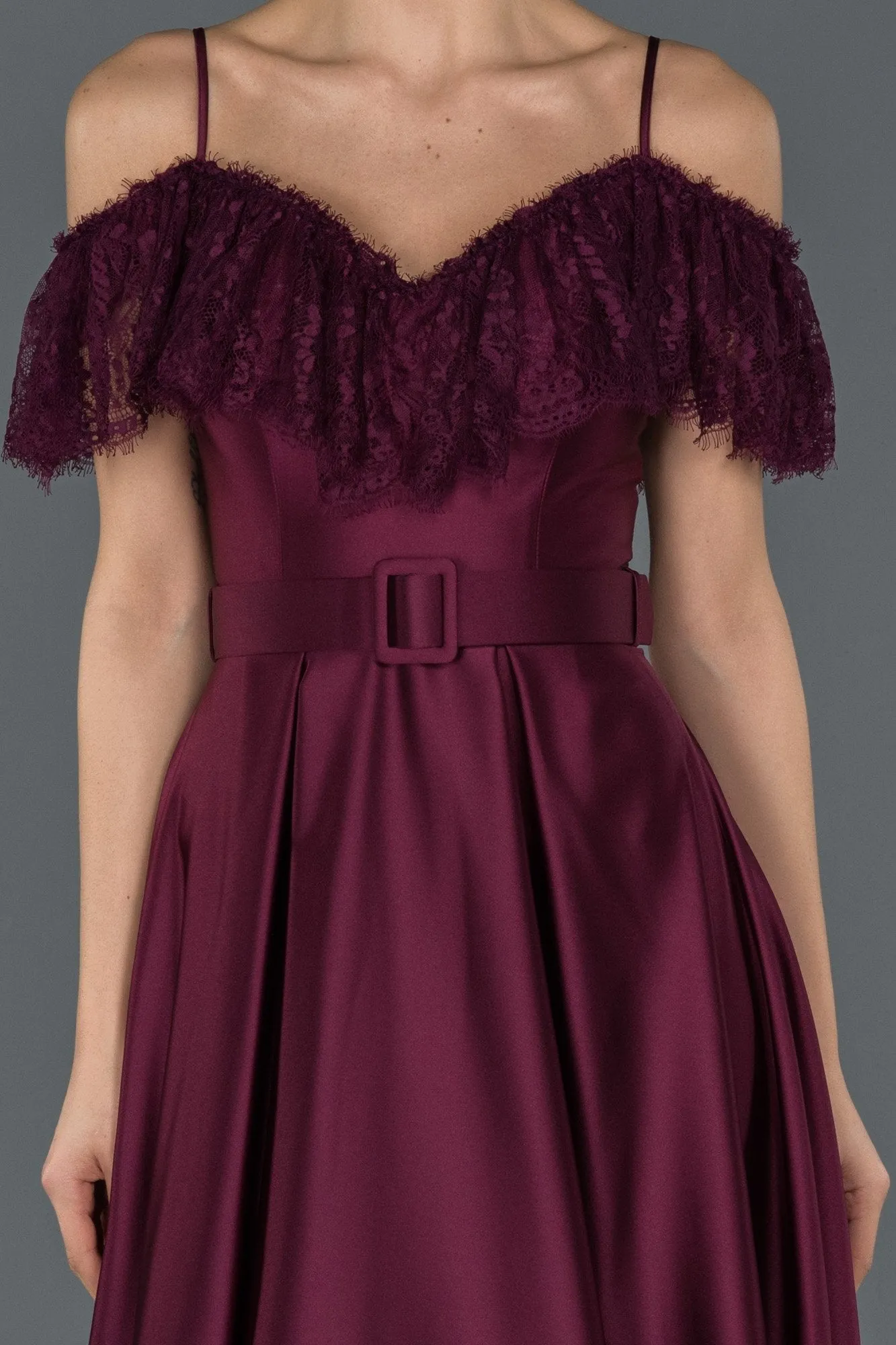 16695 Plum Lace Collar Belt Satin Dress