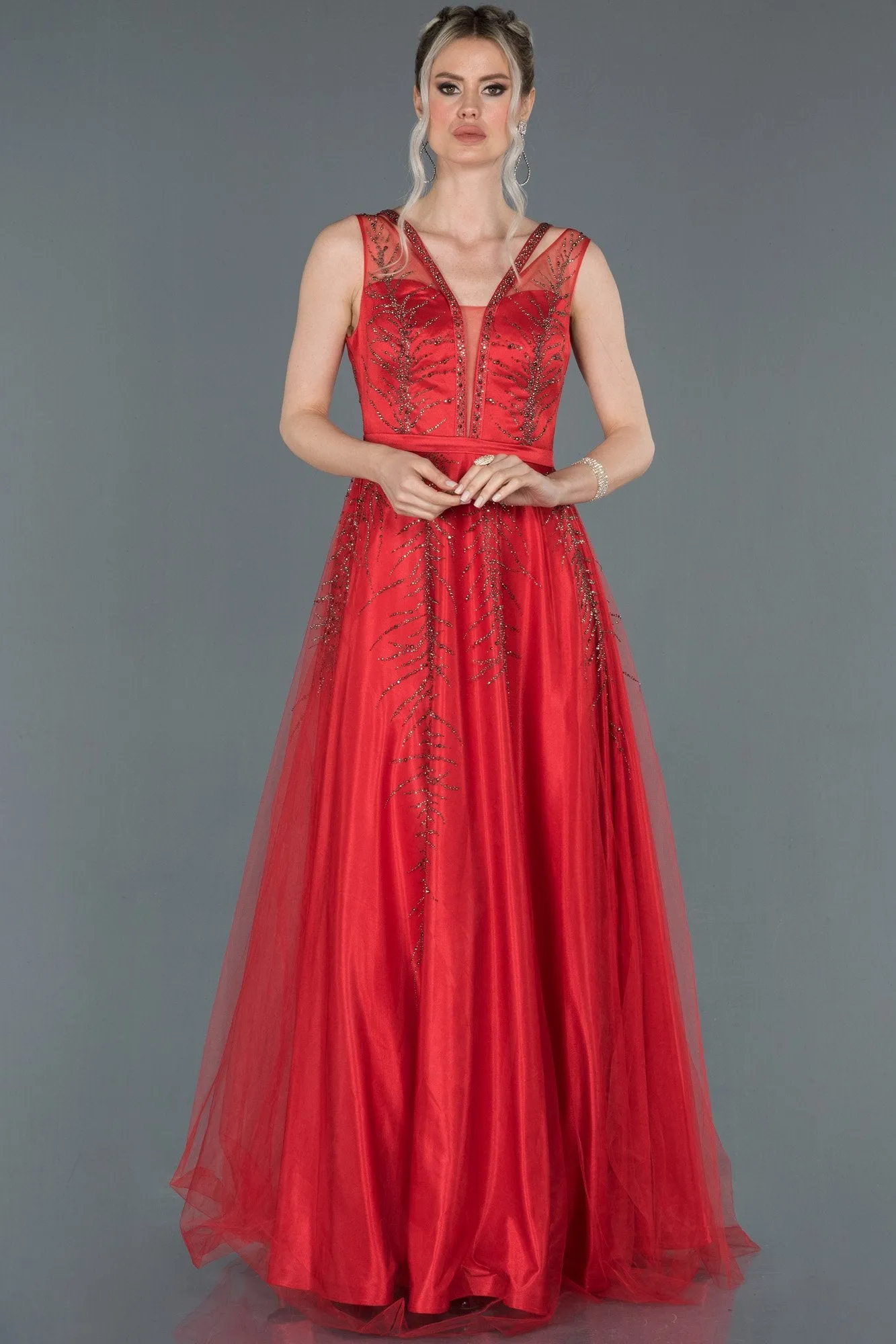 16699 Red Stone Embroidered Tulle Dress