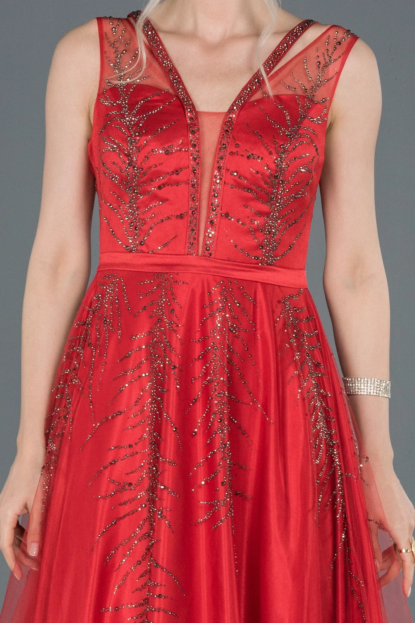 16699 Red Stone Embroidered Tulle Dress