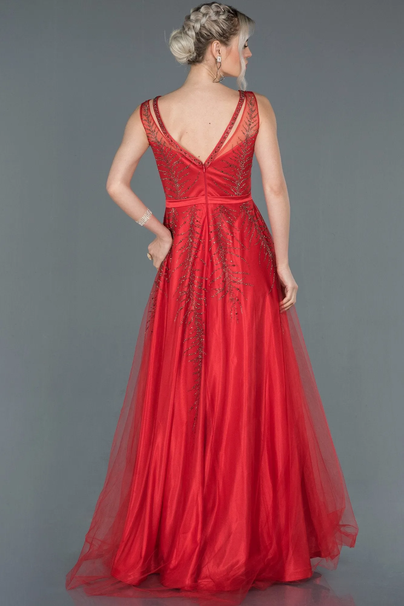 16699 Red Stone Embroidered Tulle Dress