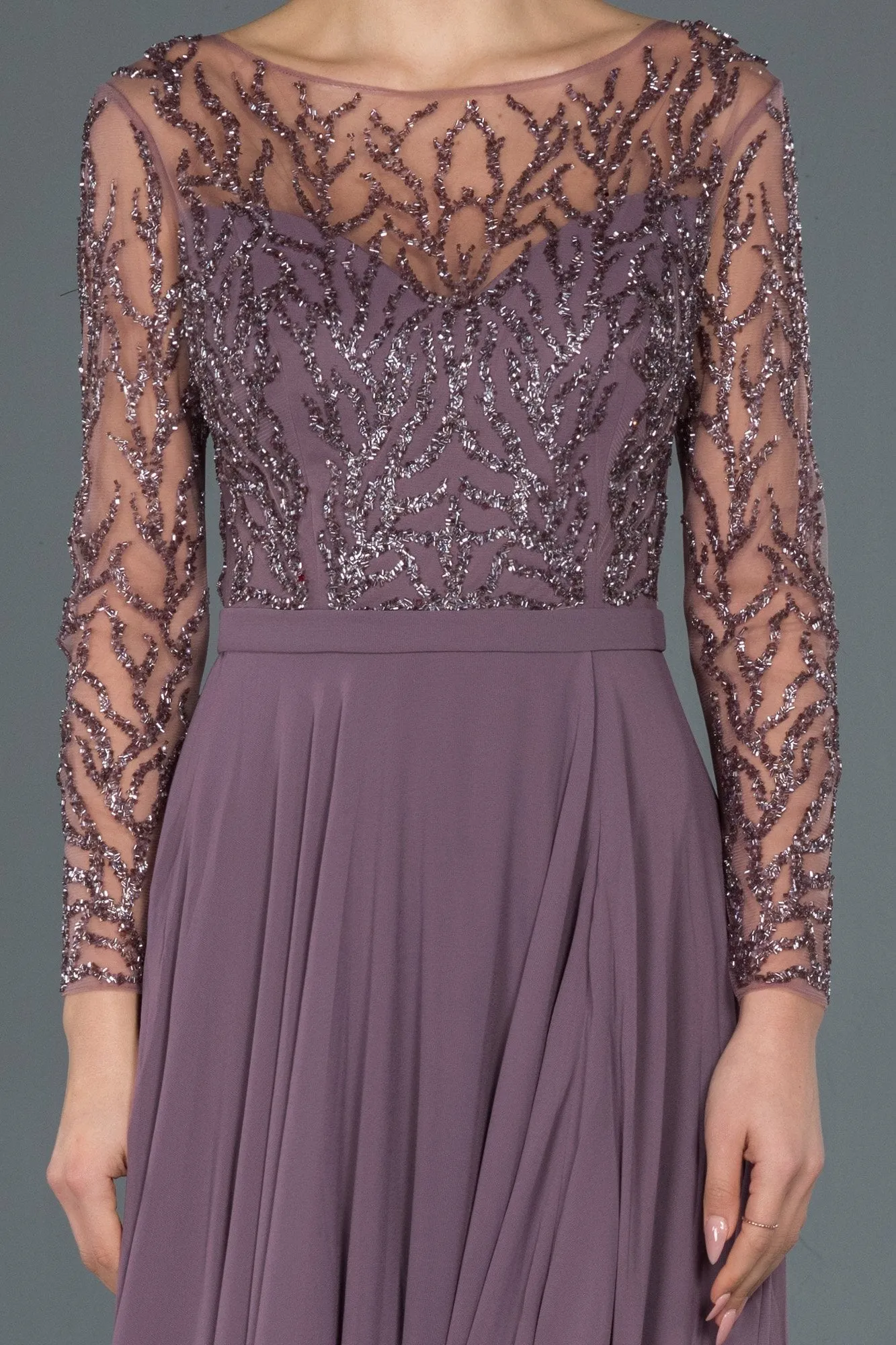 16706 Lilac Sequined Embroidered Tulle Chiffon Dress