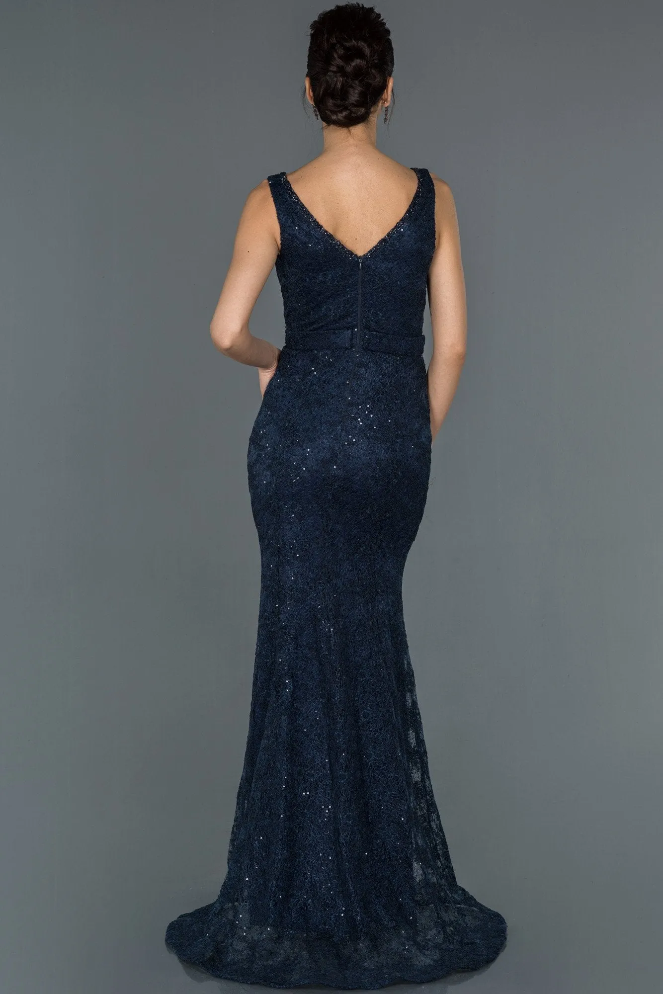 16750 Navy Blue Long V Neck Self Fish Evening Dress