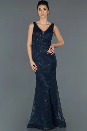 16750 Navy Blue Long V Neck Self Fish Evening Dress