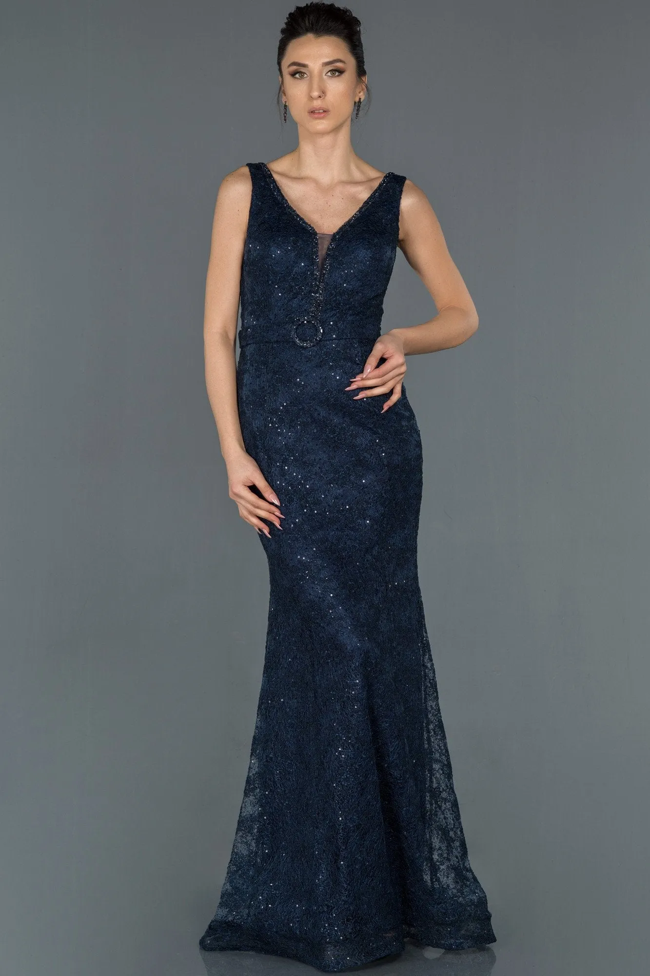 16750 Navy Blue Long V Neck Self Fish Evening Dress