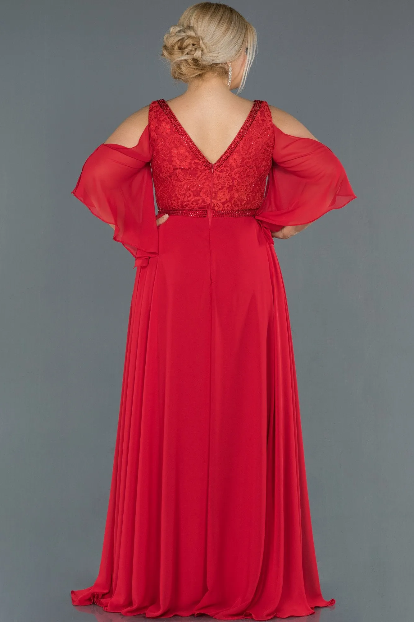 16759 Red Cold Shoulder Lace Detail Chiffon Dress