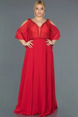 16759 Red Cold Shoulder Lace Detail Chiffon Dress