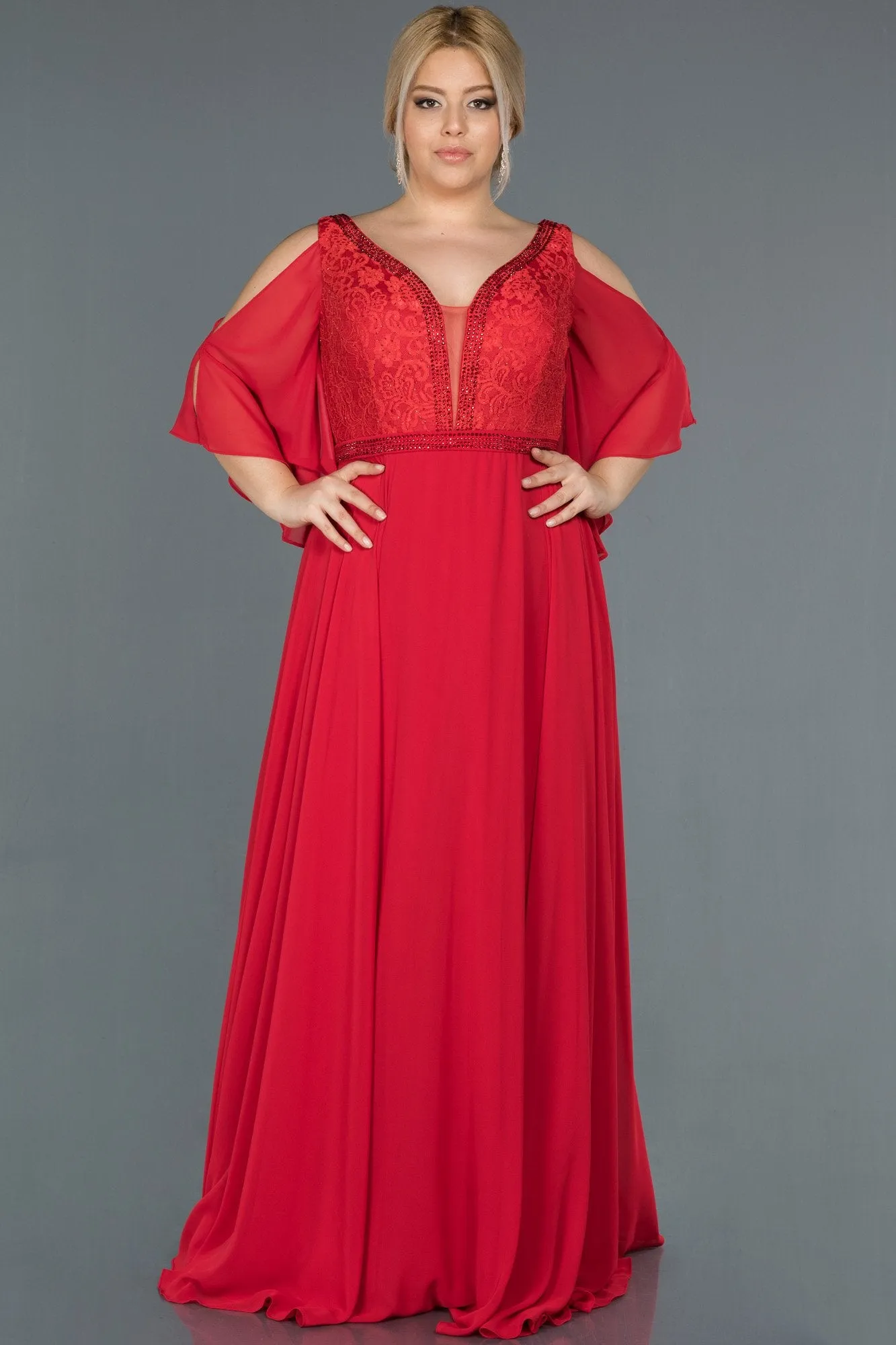 16759 Red Cold Shoulder Lace Detail Chiffon Dress