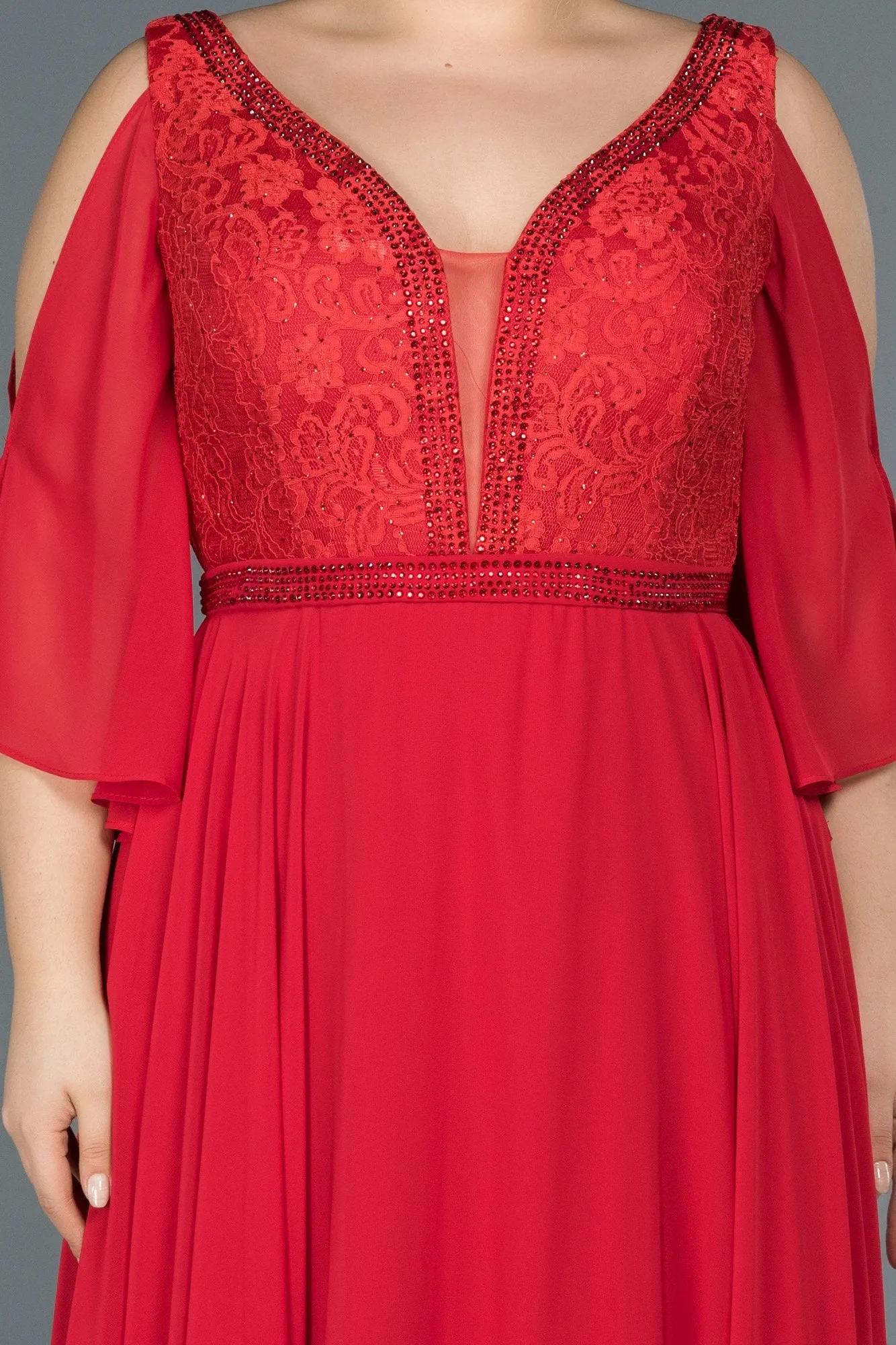 16759 Red Cold Shoulder Lace Detail Chiffon Dress