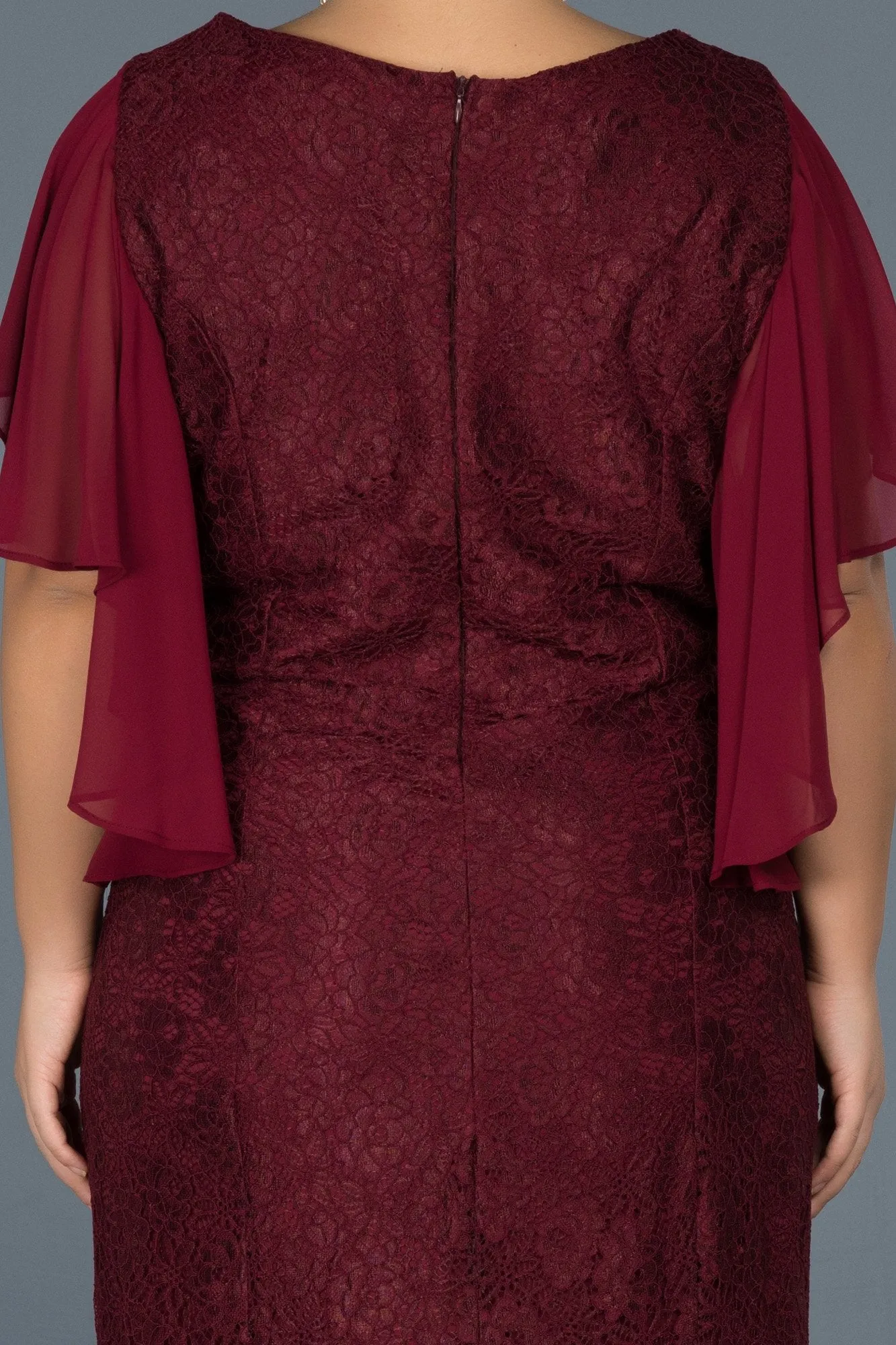 16761 Burgundy Lace Sleeve Chiffon Dress