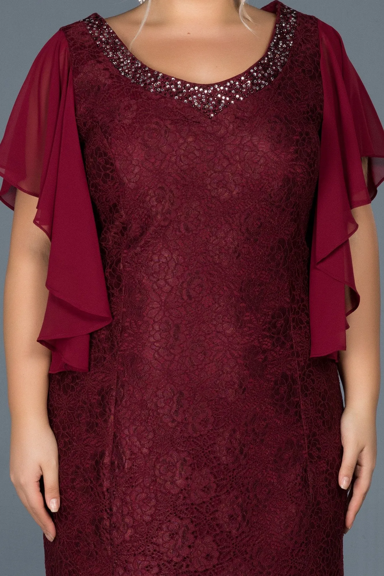 16761 Burgundy Lace Sleeve Chiffon Dress