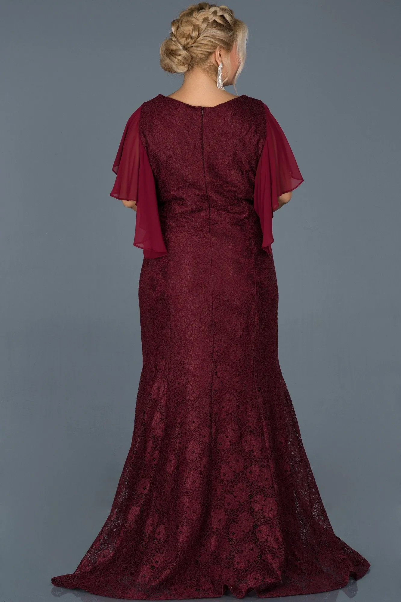 16761 Burgundy Lace Sleeve Chiffon Dress