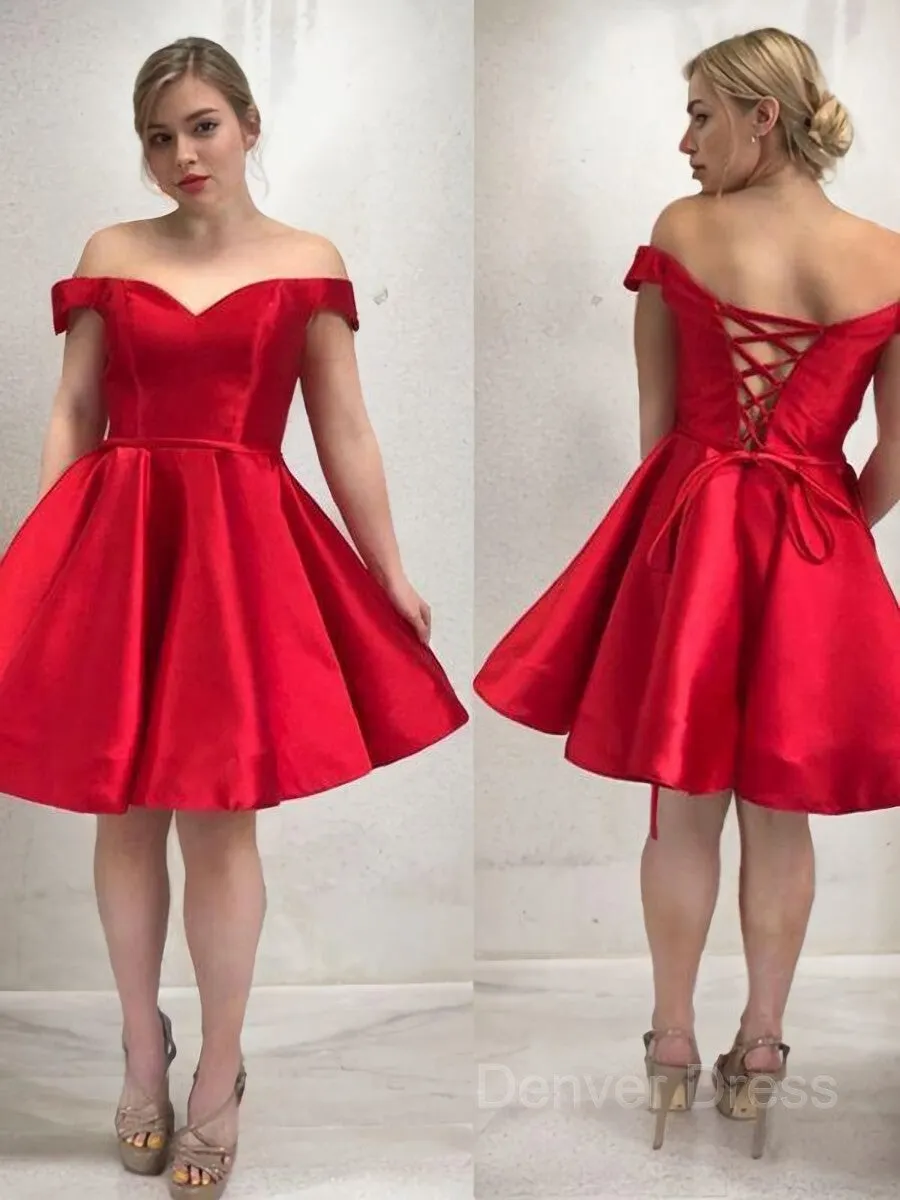 A-Line Off-the-Shoulder Short Satin Homecoming Dresses With Ruffles