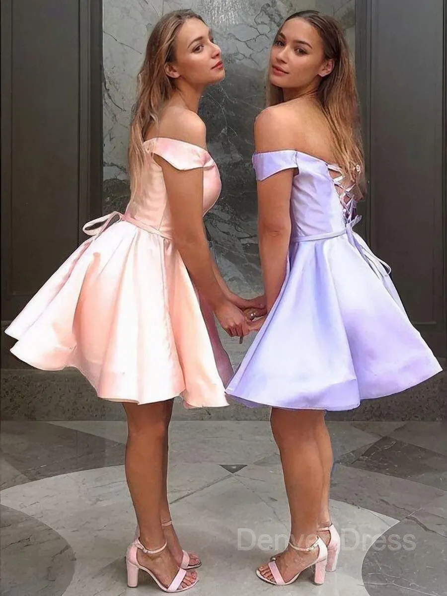 A-Line Off-the-Shoulder Short Satin Homecoming Dresses With Ruffles