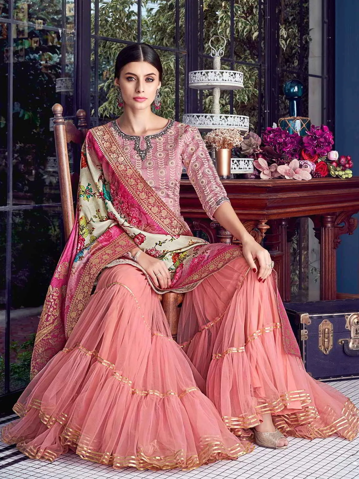 Baby Pink Multi Embroidered Lucknowi Gharara Palazzo Suit