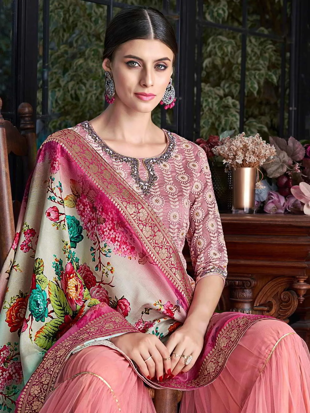 Baby Pink Multi Embroidered Lucknowi Gharara Palazzo Suit