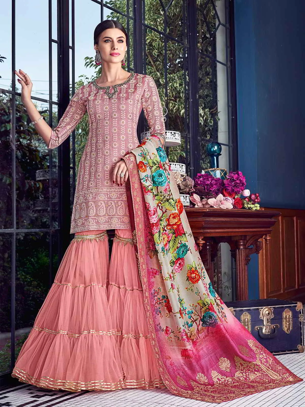 Baby Pink Multi Embroidered Lucknowi Gharara Palazzo Suit