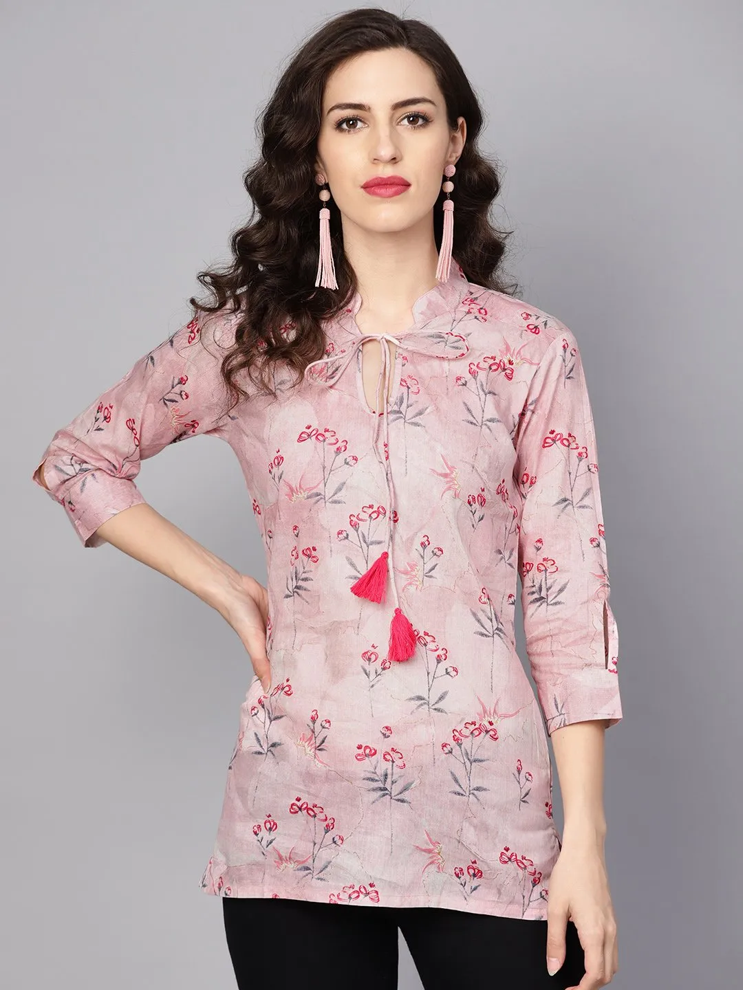 Baby Pink Printed 3/4Th Sleeve Cotton Tunic