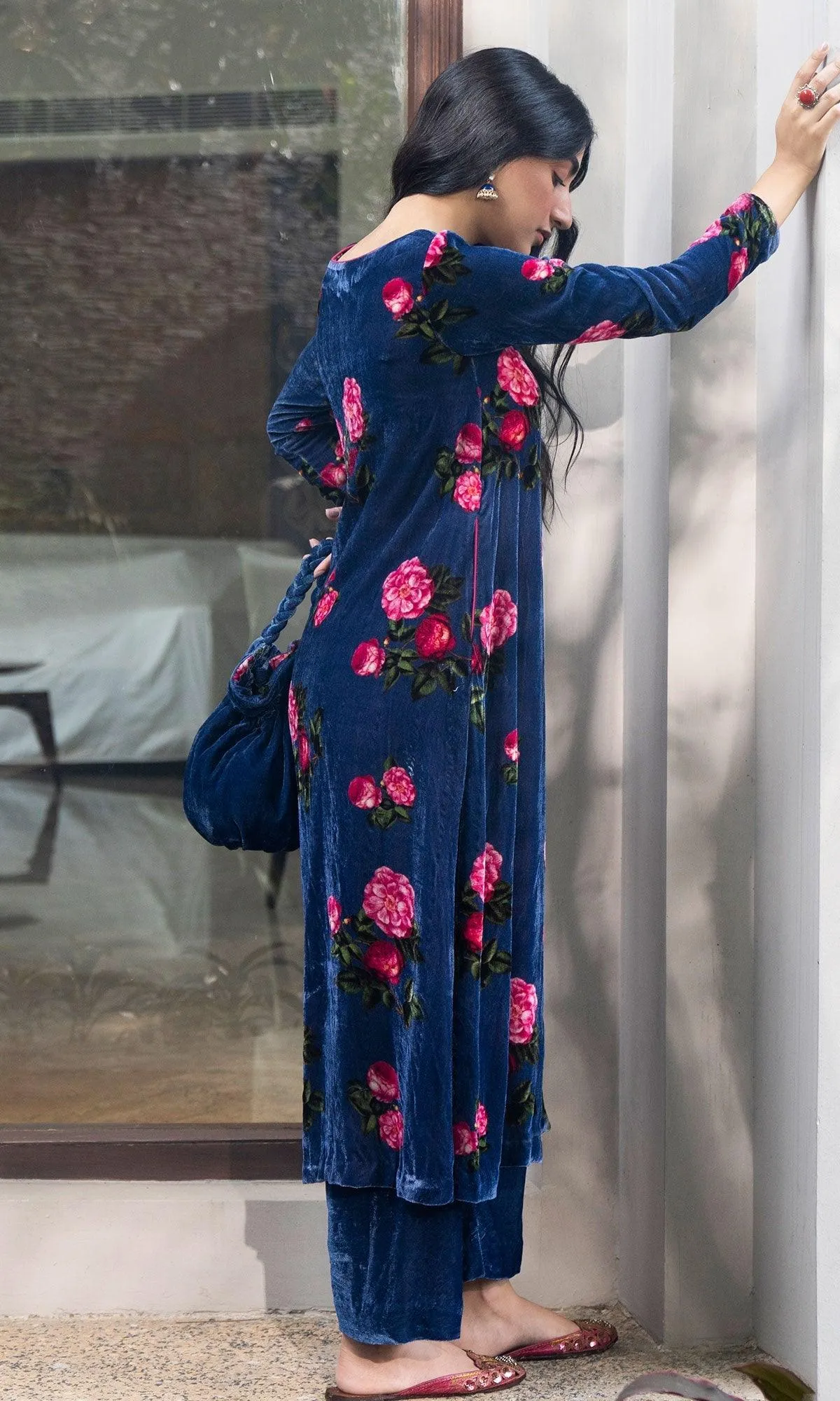 Bareen floral Blue velvet straight kurta with velvet palazzo  - Set of 2