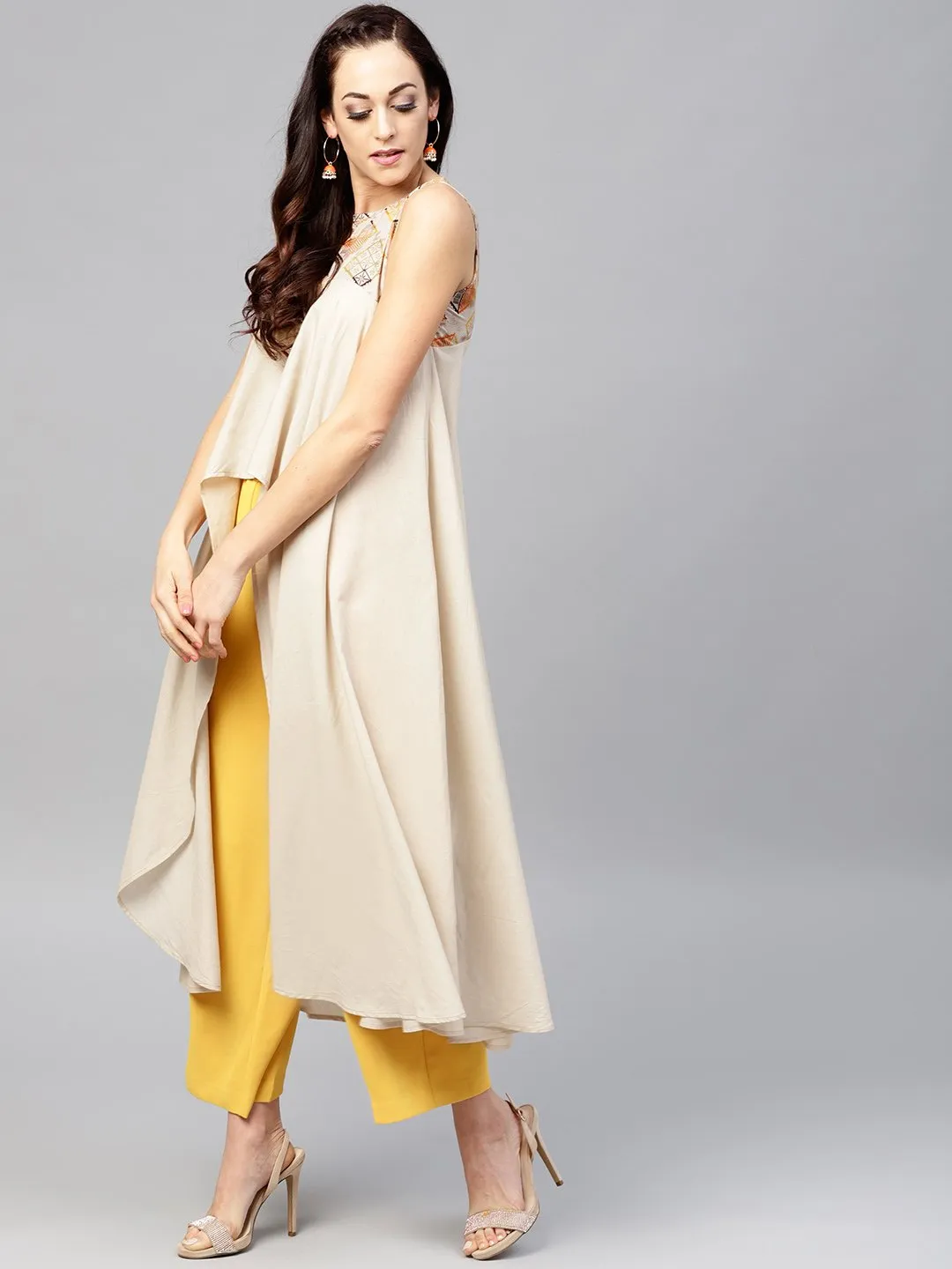 Beige Asymmetric Sleeveless Tunic With Round Neck