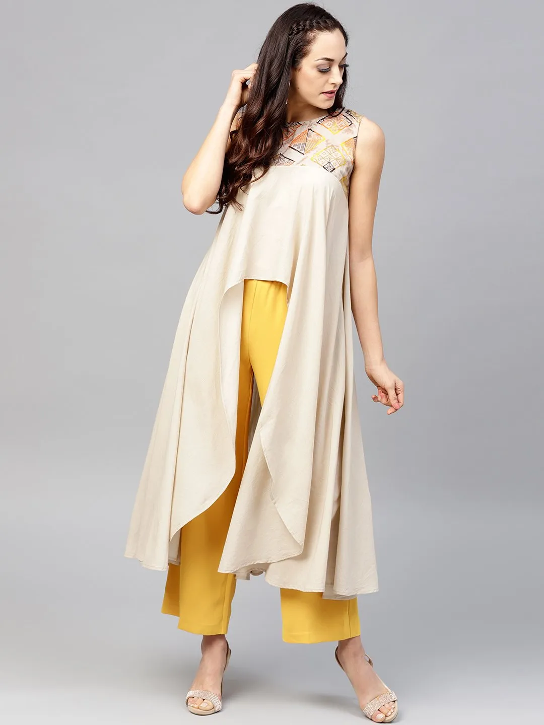 Beige Asymmetric Sleeveless Tunic With Round Neck