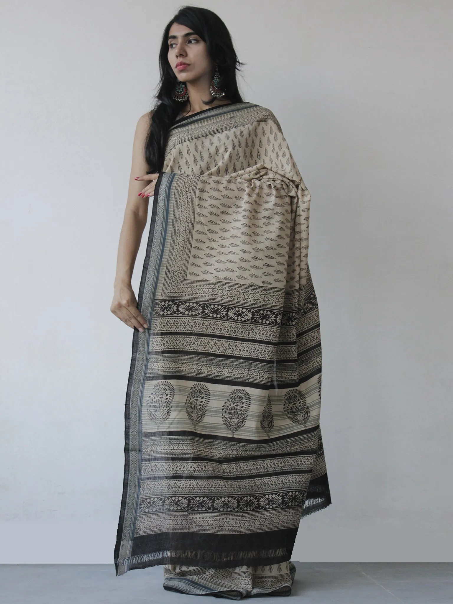 Beige Black Green Handloom Cotton Hand Block Printed Handloom Saree in Natural Dyes - S031702513