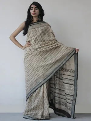 Beige Black Green Handloom Cotton Hand Block Printed Handloom Saree in Natural Dyes - S031702513