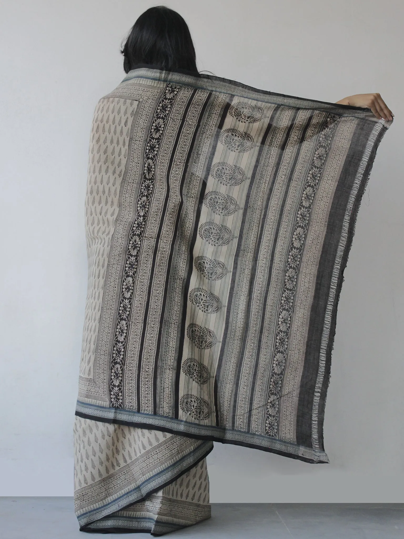 Beige Black Green Handloom Cotton Hand Block Printed Handloom Saree in Natural Dyes - S031702513