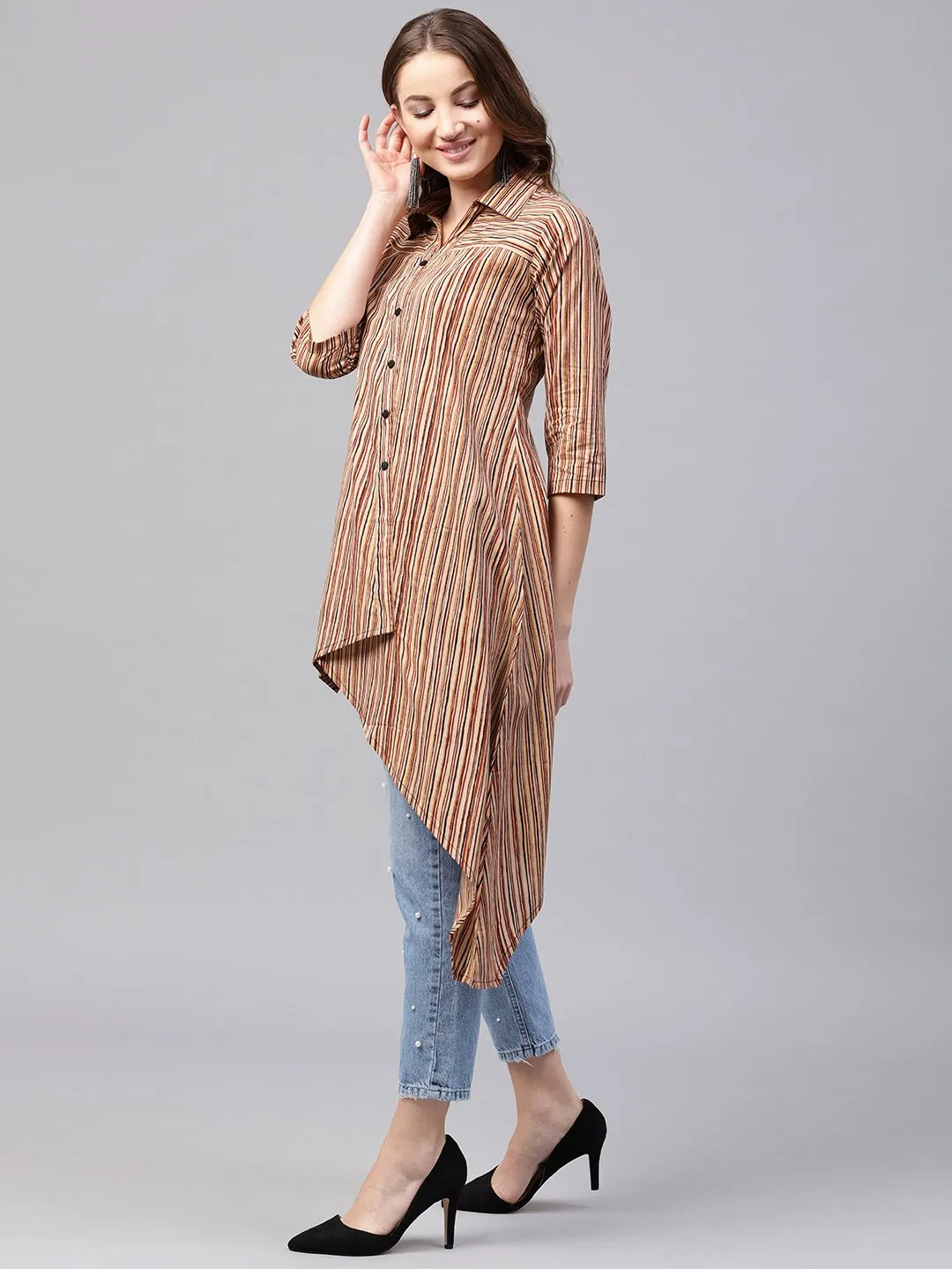 Beige Striped 3/4Th Sleeve Cotton Assymetric Tunic