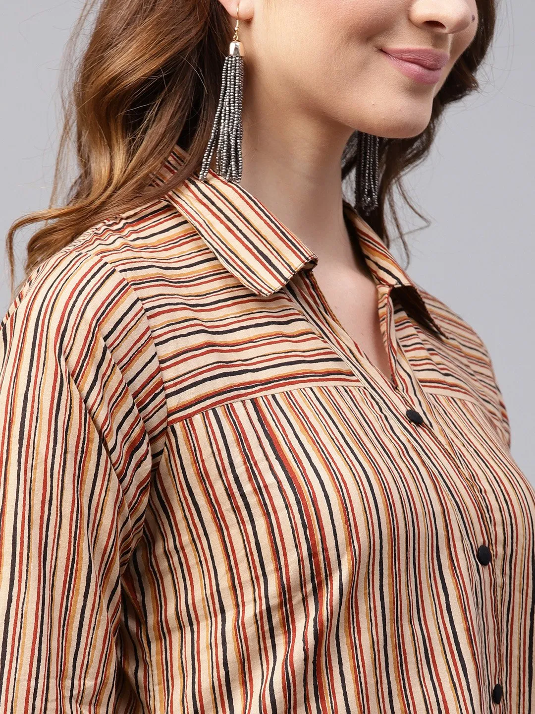 Beige Striped 3/4Th Sleeve Cotton Assymetric Tunic