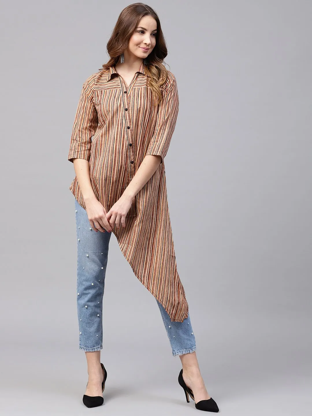 Beige Striped 3/4Th Sleeve Cotton Assymetric Tunic