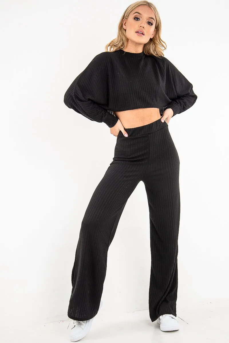 Black Rib Jersey Loungewear Co-Ord Set - Emsley