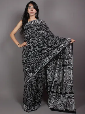 Black White Cotton Hand Block Printed Saree in Natural Colors - S03170522