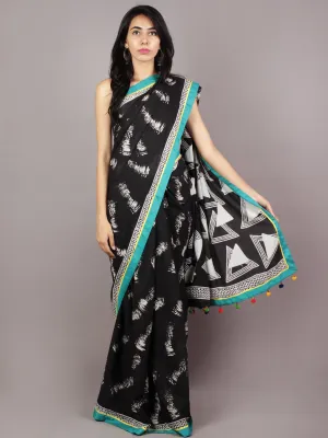 Black White Seagreen Yellow Hand Block Printed Cotton Saree With Tassels - S031701721