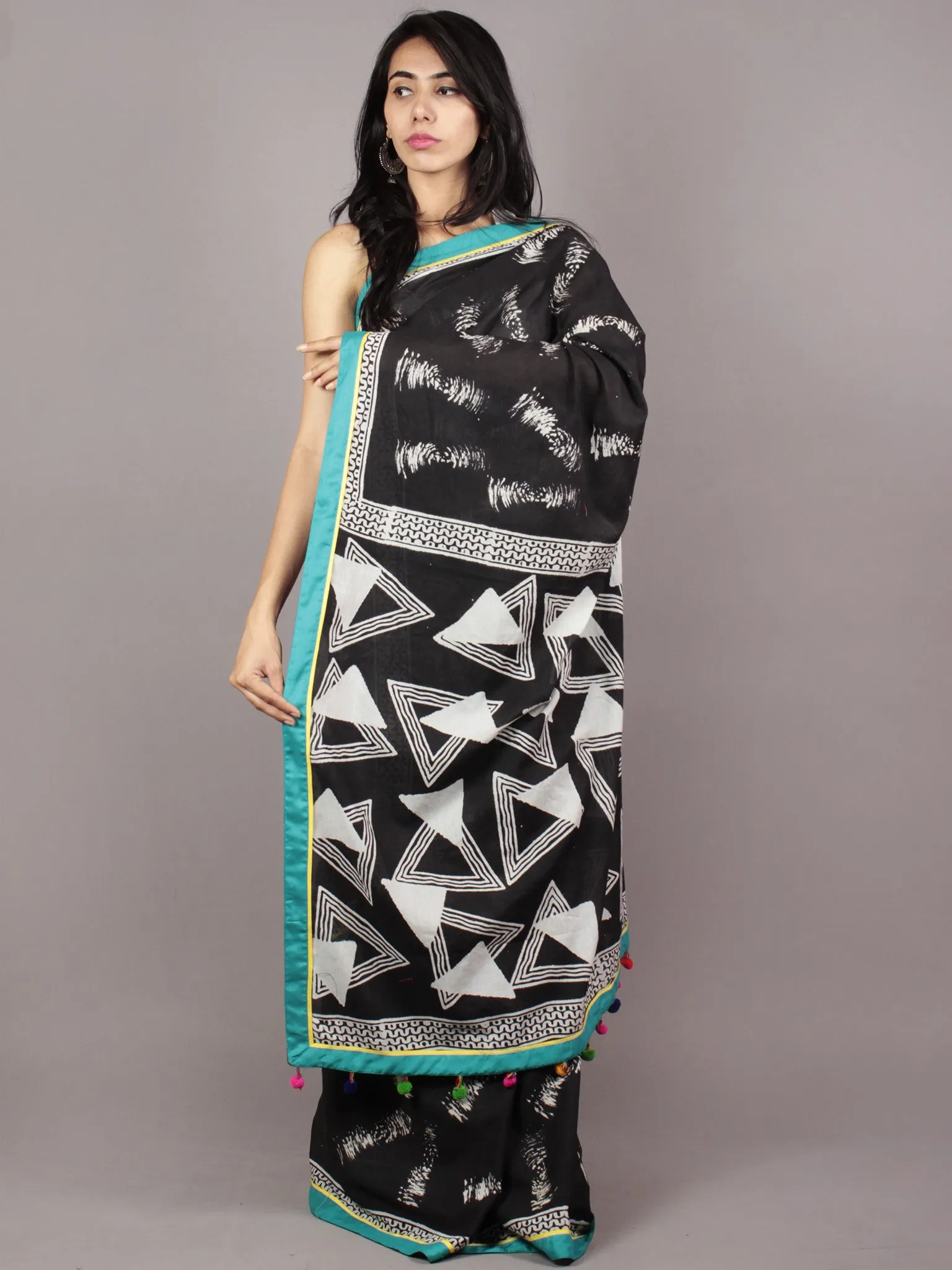 Black White Seagreen Yellow Hand Block Printed Cotton Saree With Tassels - S031701721