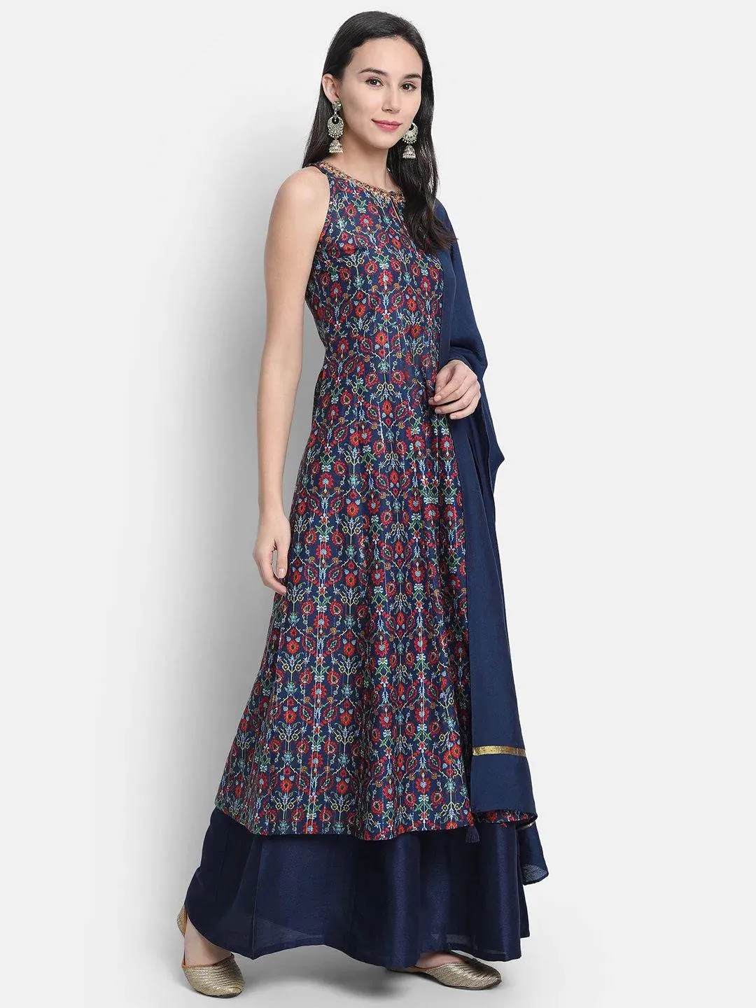 Blue Poly Muslin Printed & Embroidered Kurta with Poly Palazzo & Dupatta Set