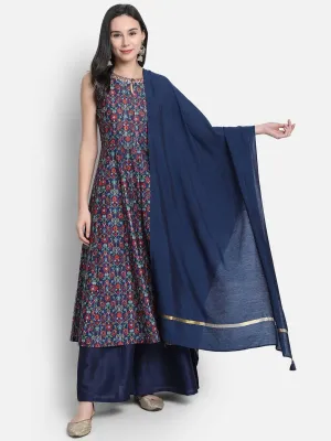 Blue Poly Muslin Printed & Embroidered Kurta with Poly Palazzo & Dupatta Set