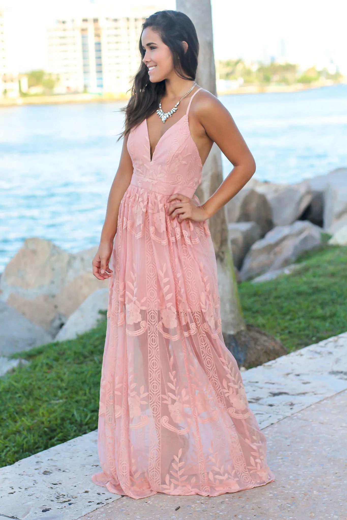 Blush Embroidered Maxi Dress with Criss Cross Back