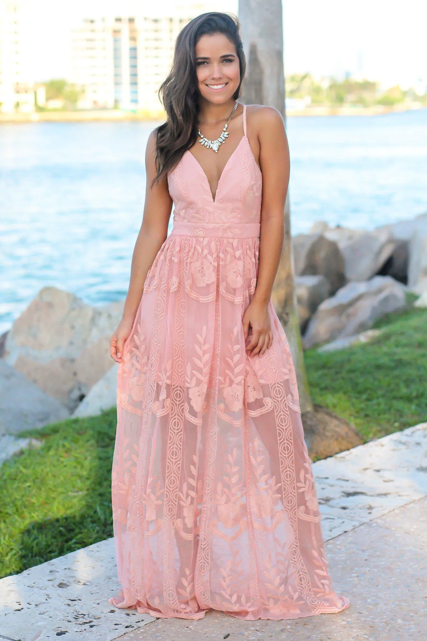 Blush Embroidered Maxi Dress with Criss Cross Back