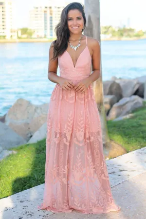 Blush Embroidered Maxi Dress with Criss Cross Back