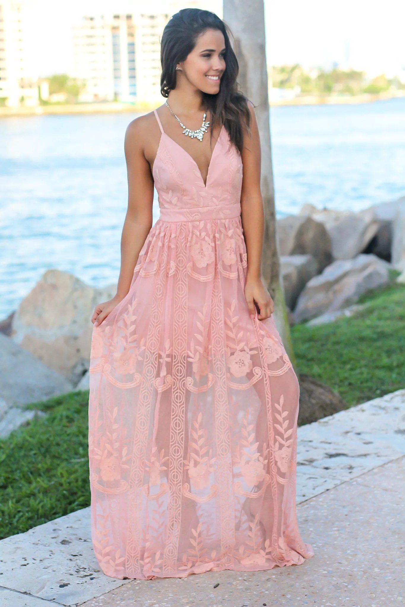 Blush Embroidered Maxi Dress with Criss Cross Back